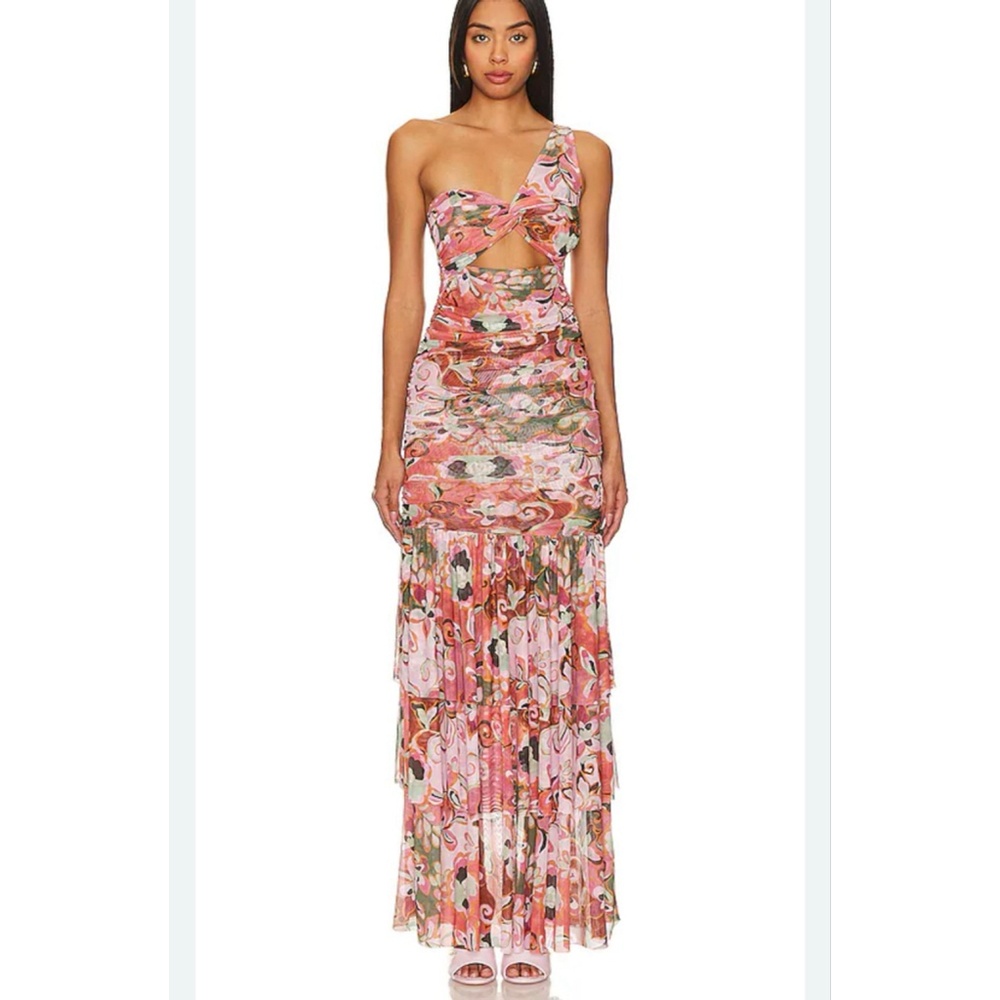 Women's MISA Pink Green Floral One-Shoulder Maxi Dress M